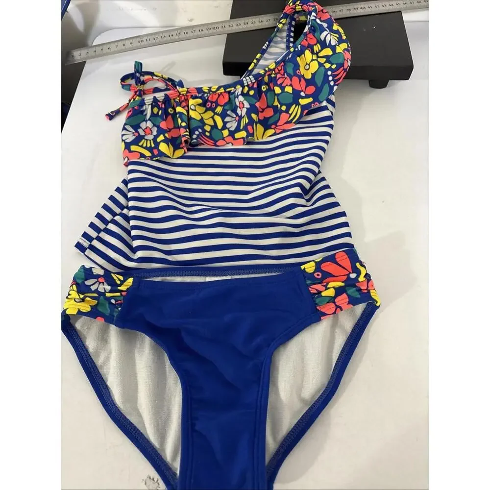 Cat & Jack 2piece‎ Swimsuit S 6/6X Adorable Blue Floral Stripes
